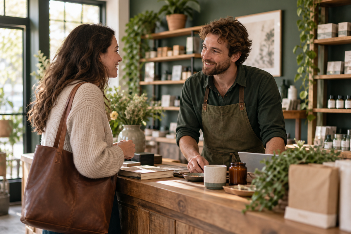 Small independent shop owner having a friendly candid conversation with a customer across a beautiful shop counter