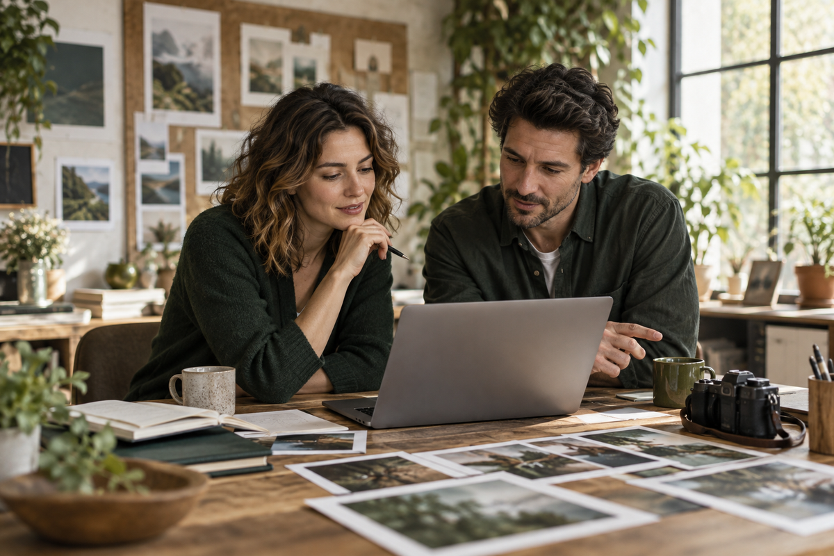 Two business partners reviewing a campaign on a laptop at a warm creative studio table with printed photographs