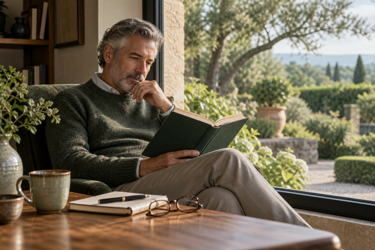 Thoughtful person reading a hardcover book by a large window overlooking a mature garden, notebook and spectacles nearby