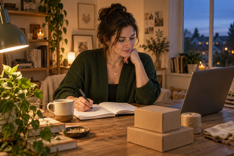 Entrepreneur planning a side business at home beside a laptop and small parcels at dusk