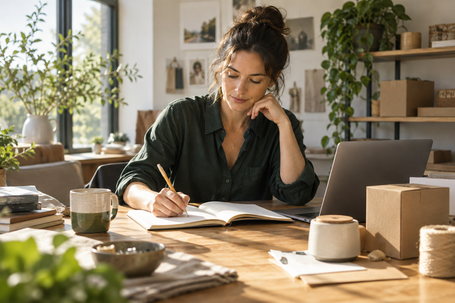An entrepreneur planning a small business at a sunlit oak desk with notebook, pencil, plain product prototype and laptop