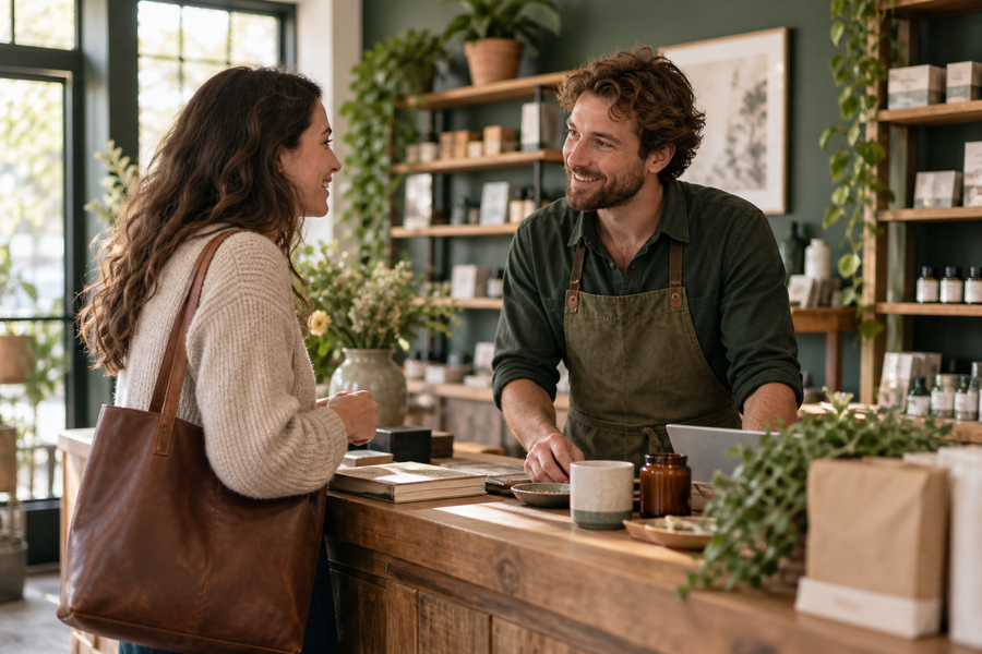 Small independent shop owner having a friendly candid conversation with a customer across a beautiful shop counter