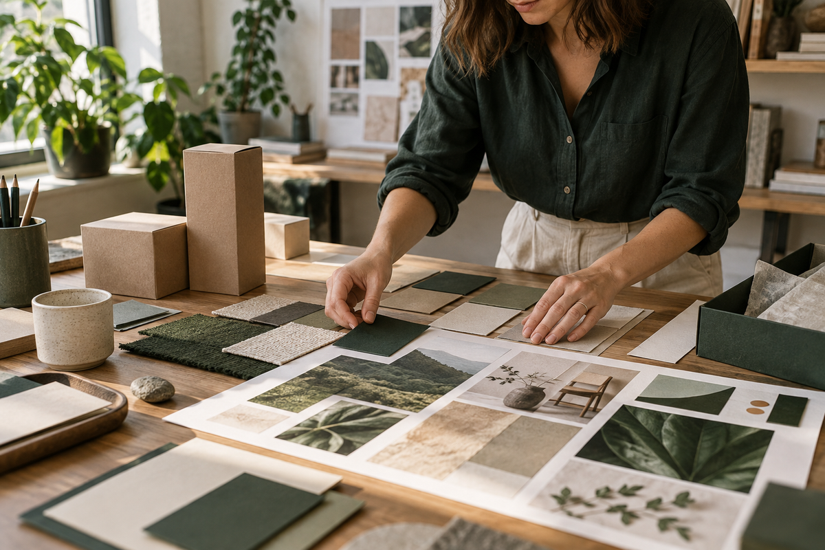 Designer arranging tactile paper color swatches, plain packaging prototypes and a mood board on a studio table
