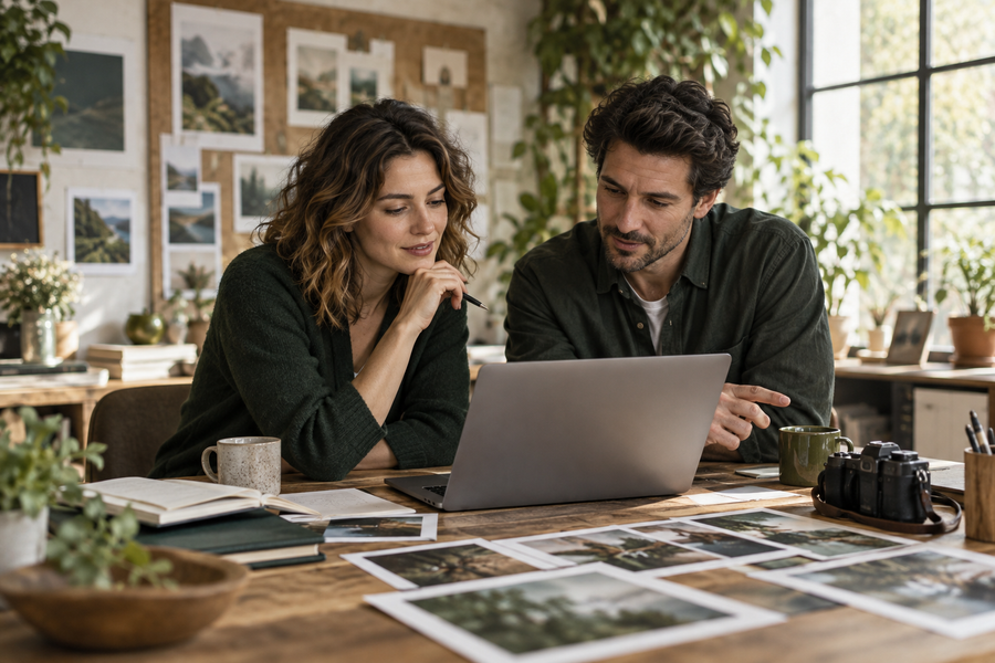 Two business partners reviewing a campaign on a laptop at a warm creative studio table with printed photographs