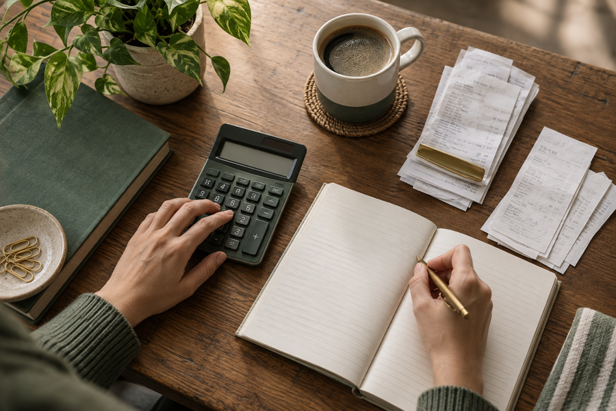 Quiet overhead photograph of household budgeting with a calculator, open notebook, neatly organized receipts and cup of coffee