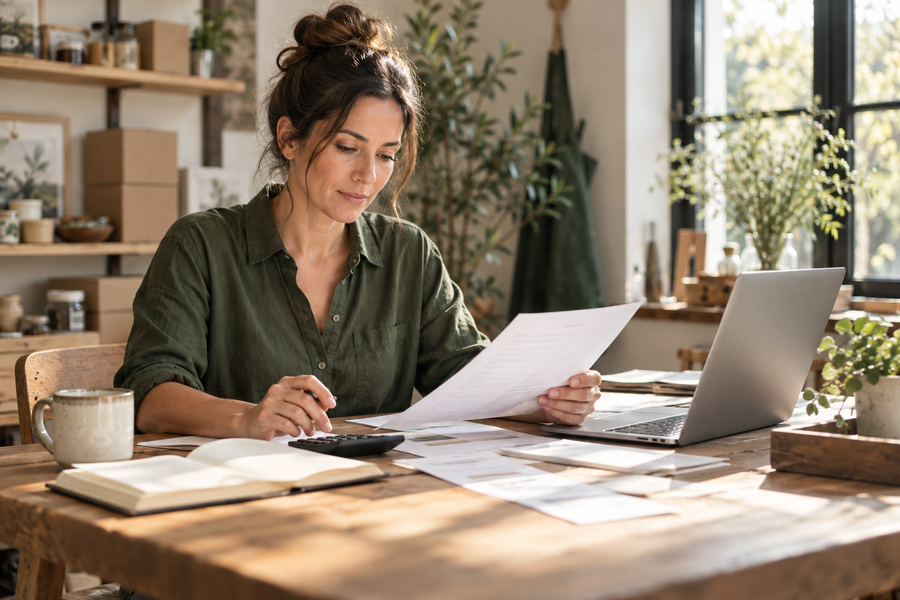 Small business owner reviewing financial papers beside a calculator and laptop in a sunlit workspace