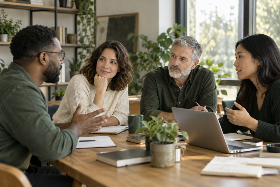 Diverse small professional team collaborating around an oak table in a bright understated office, candid natural interaction