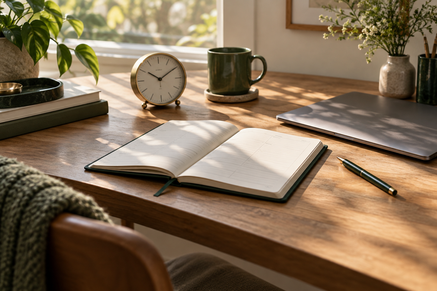 Minimal serene workspace with open paper planner, analog desk clock, single pen and closed laptop in morning sunlight