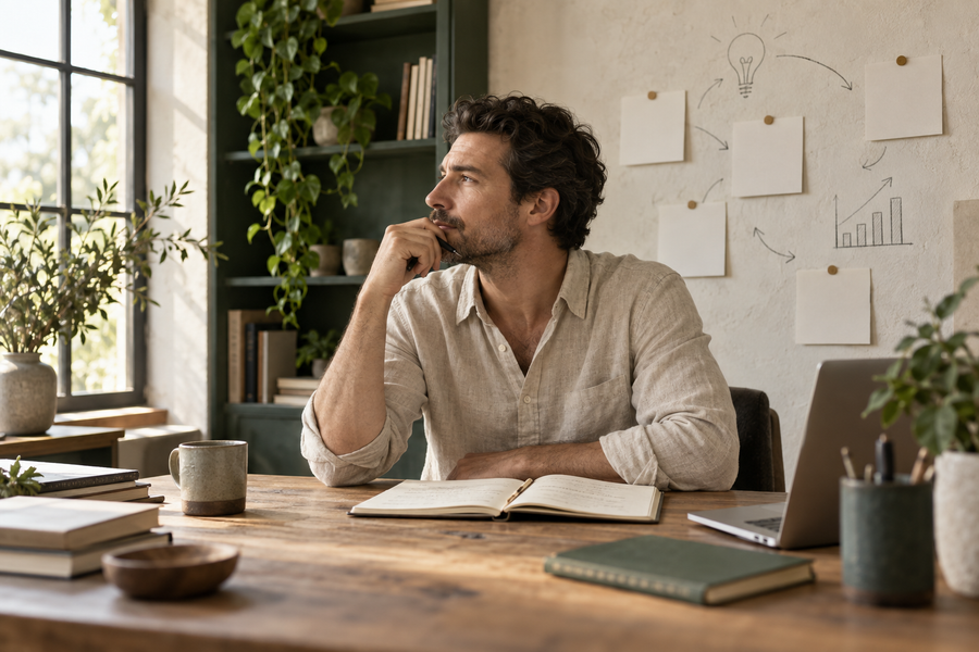 Entrepreneur reflecting on ideas at an oak desk in soft morning light